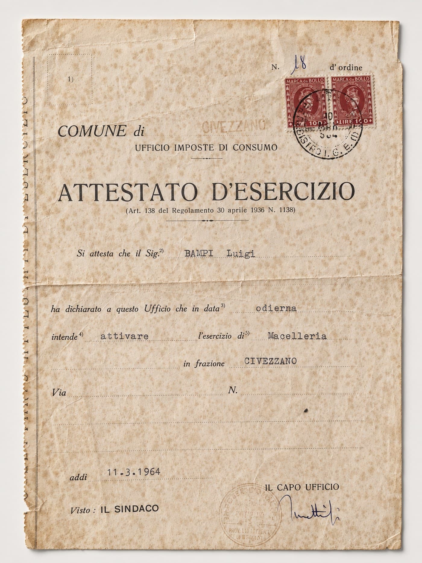 Attestato d’esercizio del Comune di Civezzano intestato a Bampi Luigi, datato 11 marzo 1964