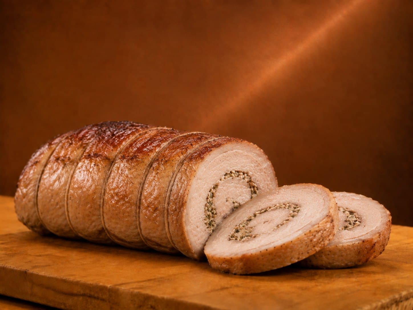 Arrotolato di coniglio affettato su tagliere di legno