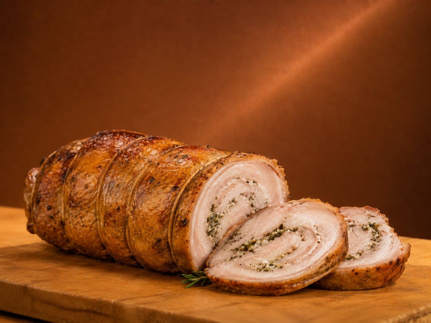 Arrotolato di vitello affettato su tagliere di legno